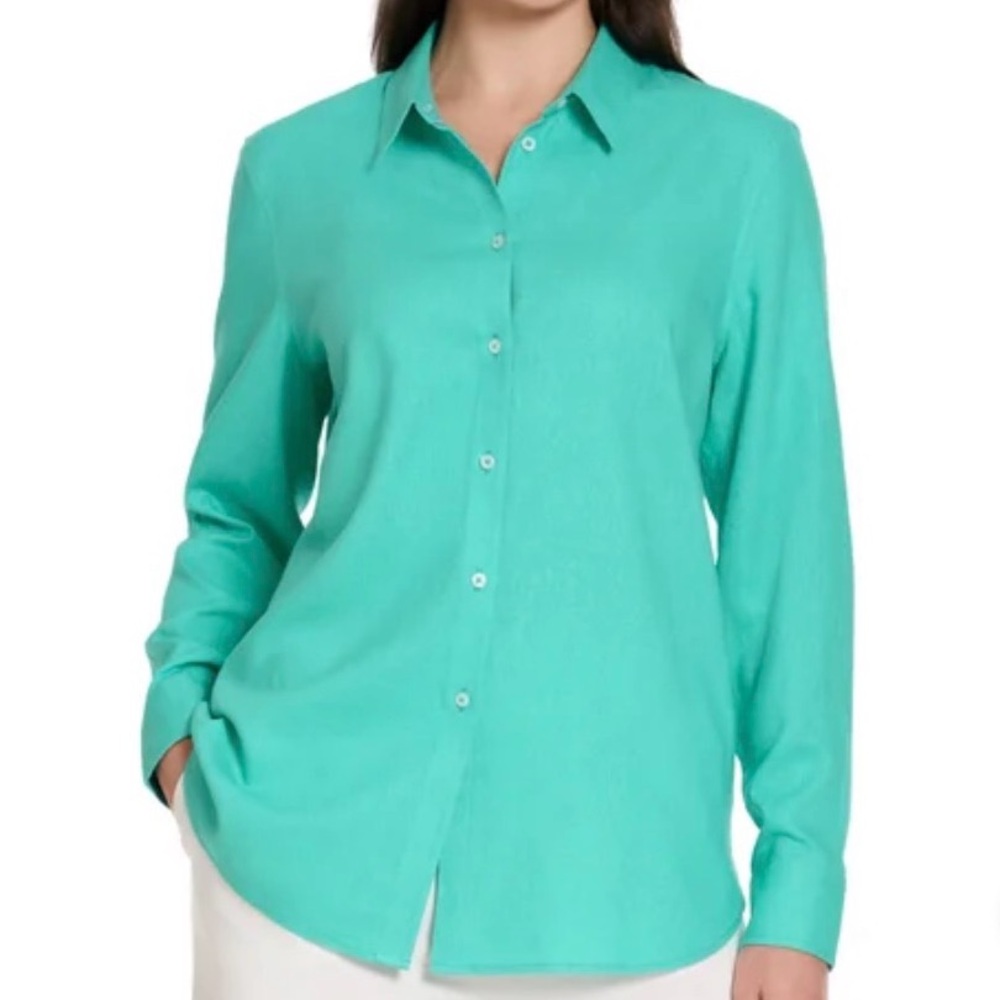 Women's Turquoise Ted Baker Linen Blend Button-Up Shirt